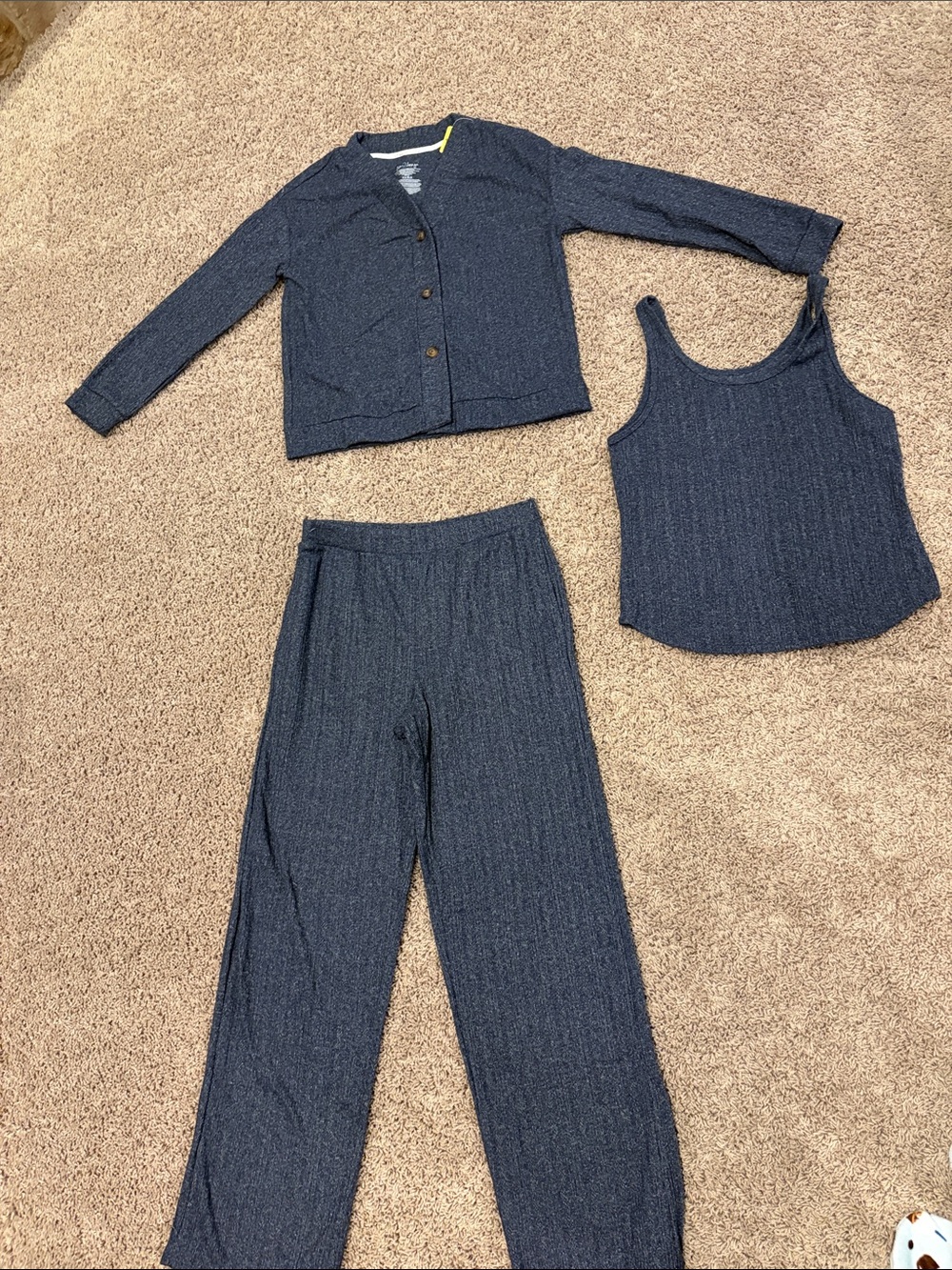 Three-Piece Navy Ribbed lounge Set - Tank, Cardigan & Pants
